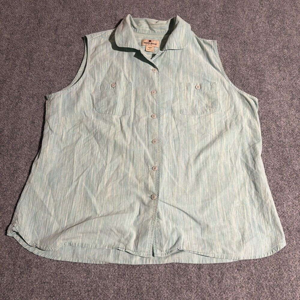 Woolrich Sleeveless Button Up Collard Shirt Womens Sie XL Green 100% Cotton